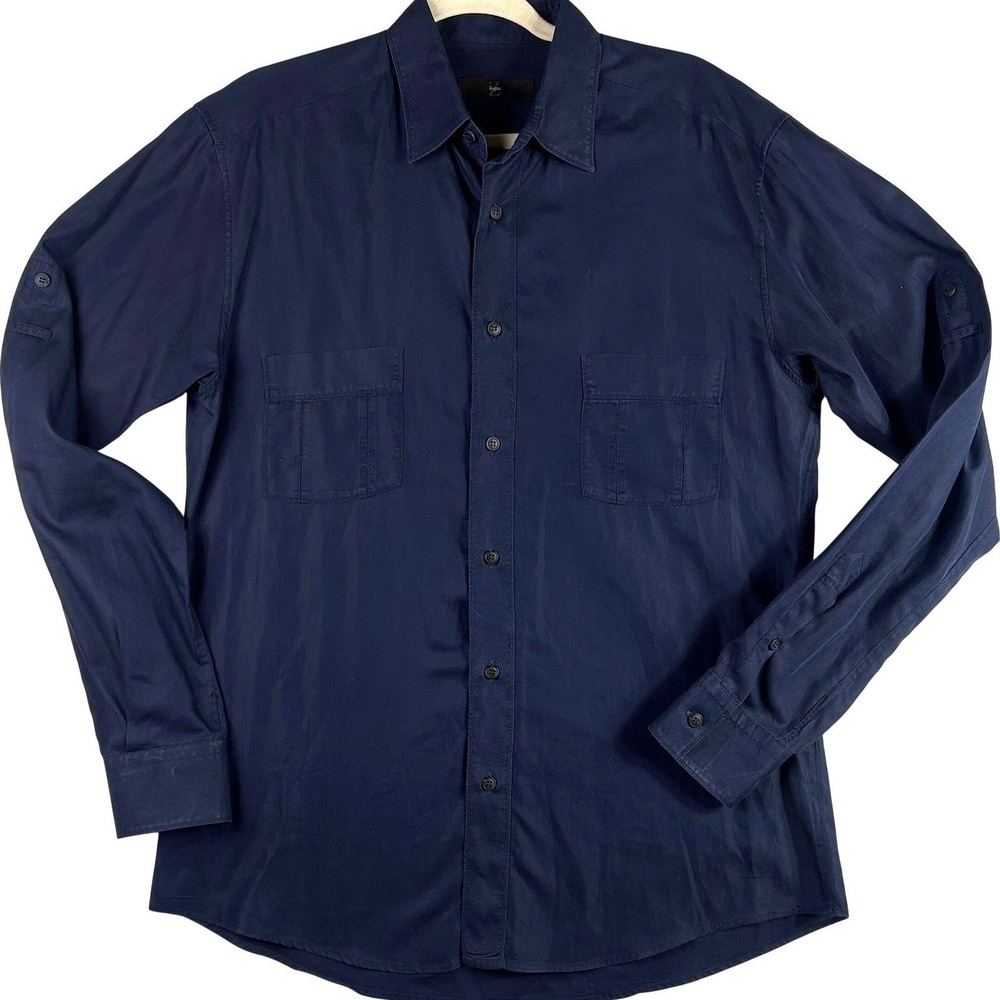 Zegna Mens Navy Blue Cotton Roll Tab Sleeve Button Down Shirt Size L Large